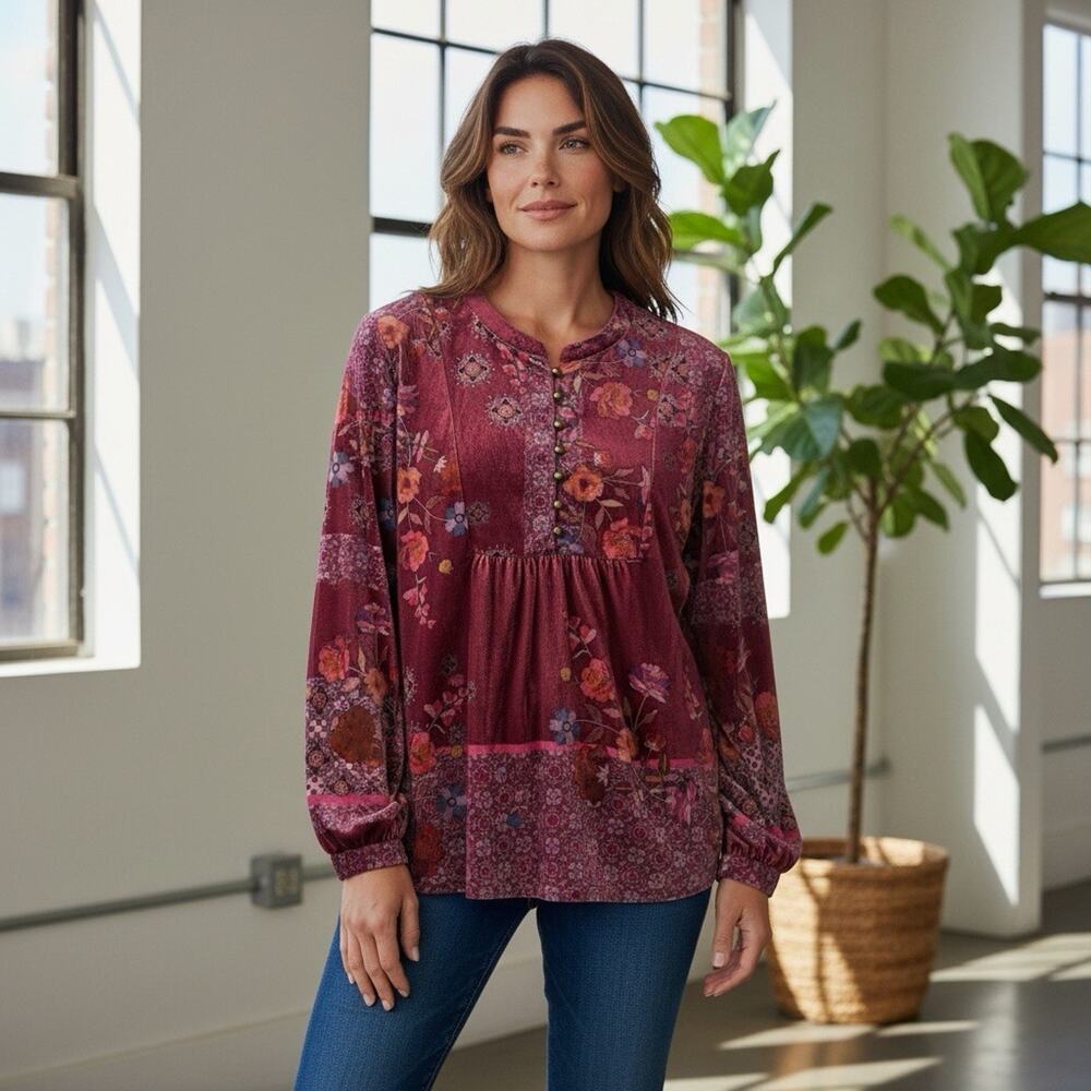Farmers Market Velvet Floral Boho Top Women's Medium Burgundy Peasant